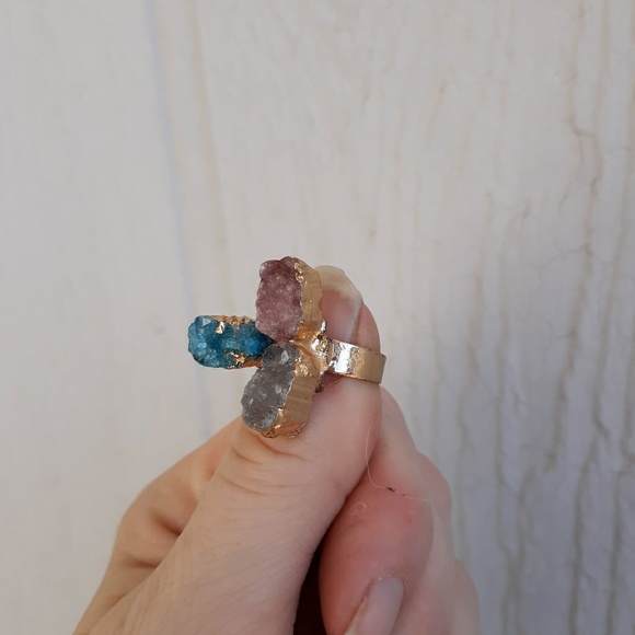 New Handmade Titanium Druzy Agate Gold Plated Adjustable Ring. - Picture 8 of 8